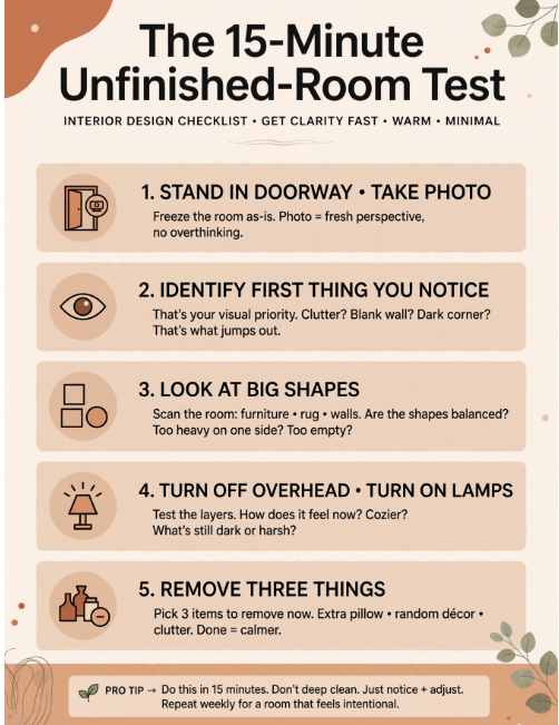 "An infographic titled 'The 15-Minute Unfinished-Room Test,' featuring a 5-step interior design checklist to get clarity fast on room styling, included as part of 25 easy DIY home decor crafts for interior styling tips."