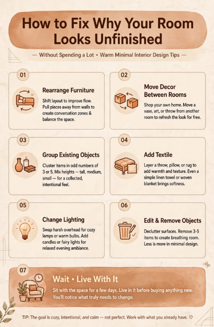 "An infographic titled 'How to Fix Why Your Room Looks Unfinished,' detailing 7 budget-friendly warm minimal interior design tips, featured as part of 25 easy DIY home decor crafts for interior styling tips."