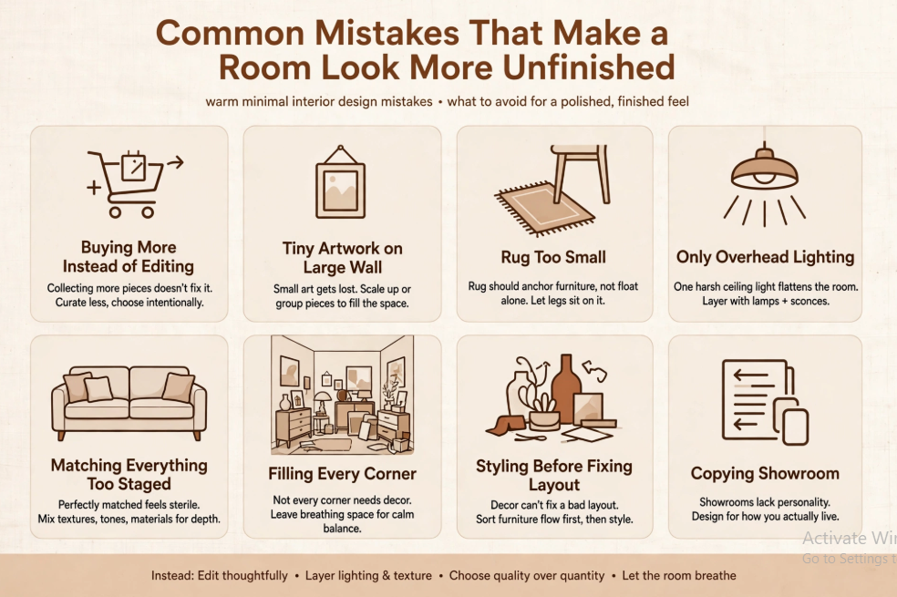 "An infographic titled 'Common Mistakes That Make a Room Look More Unfinished,' highlighting 8 warm minimal interior design mistakes to avoid, featured as part of 25 easy DIY home decor crafts for interior styling tips."