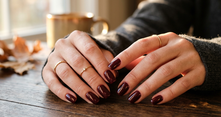 Hands resting on a wooden table wearing short, glossy dark burgundy nails, styled for fall nail ideas 2026.