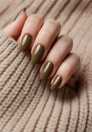 A hand with short, glossy olive green nails holding a cozy beige knit sweater, styled for fall nail ideas 2026.