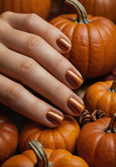 A hand with short, magnetic shimmer pumpkin-orange nails resting among small pumpkins, styled for fall nail ideas 2026.