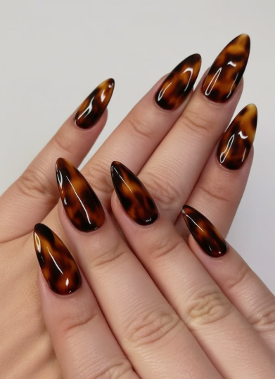 Hands displaying long, almond-shaped glossy tortoise shell pattern nails, styled for fall nail ideas 2026.