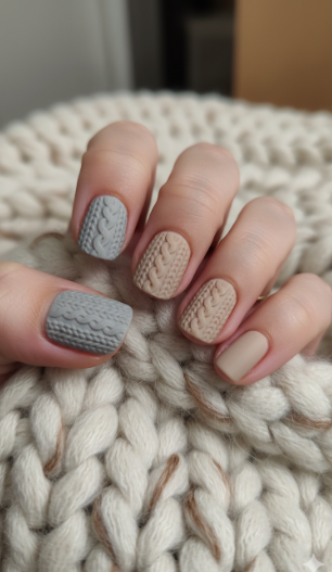 A hand with short, matte sweater-texture nails in grey and nude tones, styled for fall nail ideas 2026.