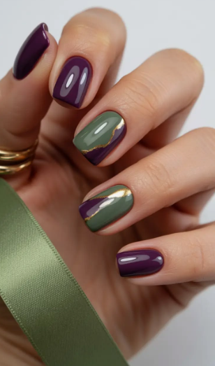 A hand with short, glossy plum purple and sage green color-blocked nails featuring gold foil accents, styled for fall nail ideas 2026.