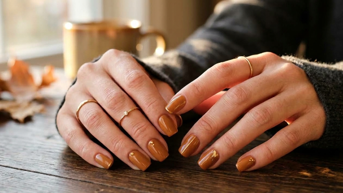 Hands resting on a wooden table wearing short caramel-brown nails with subtle gold accents, styled for fall nail ideas 2026.