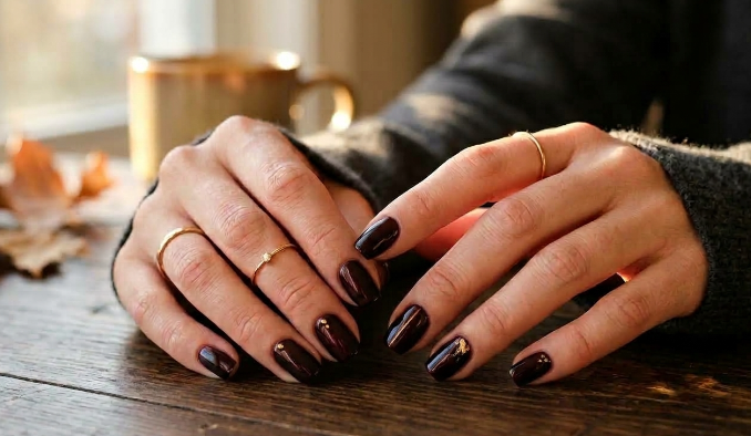 Hands resting on a wooden table wearing short dark espresso nails with gold details, styled for fall nail ideas 2026.