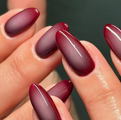 A close-up view of hands featuring long, oval-shaped dark burgundy velvet or cat-eye magnetic nails, styled for fall nail ideas 2026.