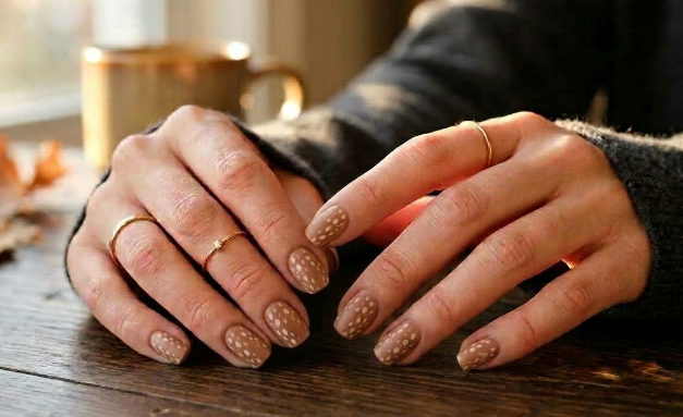 Hands resting on a wooden table displaying short nude-brown nails with white polka dot patterns, styled for fall nail ideas 2026.