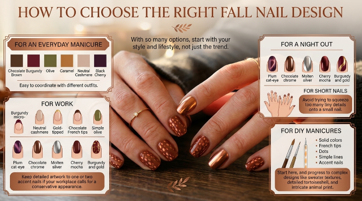 An informative graphic titled "How to Choose the Right Fall Nail Design" featuring categorized nail trend guides and ideas for fall nail ideas 2026.