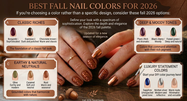 An educational color guide graphic titled "Best Fall Nail Colors for 2026" featuring curated palettes like classic riches, deep moody tones, and earthy neutrals for fall nail ideas 2026.