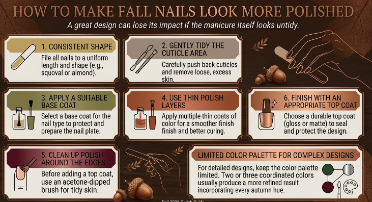 An instructional graphic titled "How to Make Fall Nails Look More Polished" featuring step-by-step manicure tips for fall nail ideas 2026.