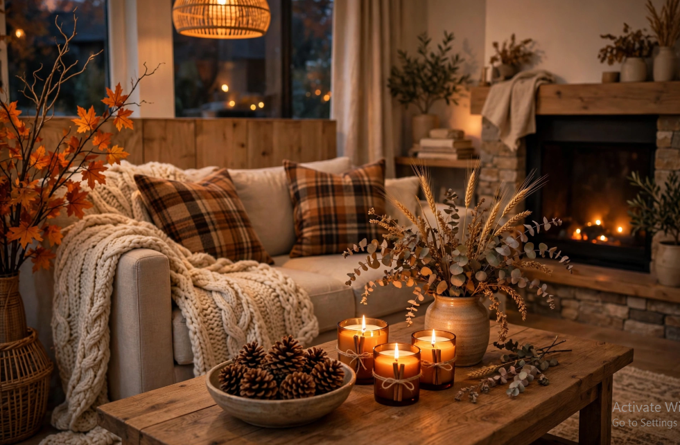 Cozy living room featuring fall decor ideas without pumpkins, including plaid throw pillows, a knit blanket, autumn branches, and candles on a wooden coffee table.