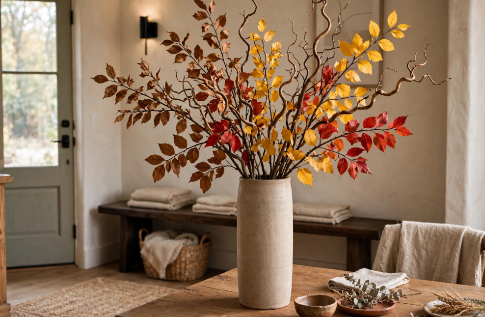A tall ceramic vase filled with vibrant autumn foliage, showcasing creative fall decor ideas without pumpkins for a neutral interior space.