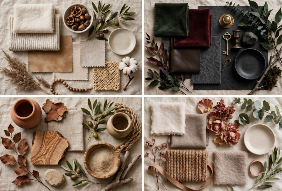 A four-panel mood board featuring neutral fabrics, velvet swatches, dried botanicals, and rustic elements, showcasing sophisticated fall decor ideas without pumpkins.