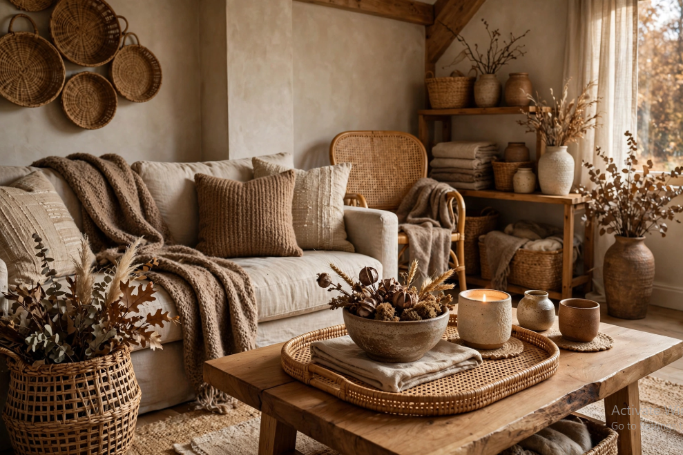 A warm, neutral living room styled with woven rattan baskets, earth-toned textiles, and dried botanical arrangements, showcasing beautiful fall decor ideas without pumpkins.