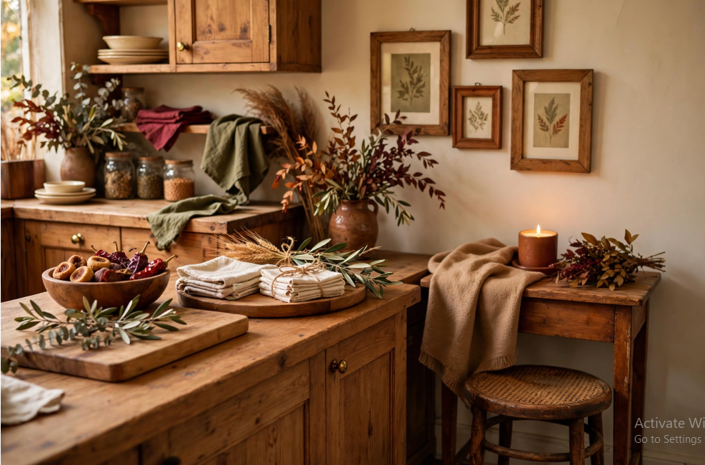 A rustic country kitchen styled with wooden cabinetry, botanical wall art, earth-toned linens, and autumn foliage, highlighting cozy fall decor ideas without pumpkins.
