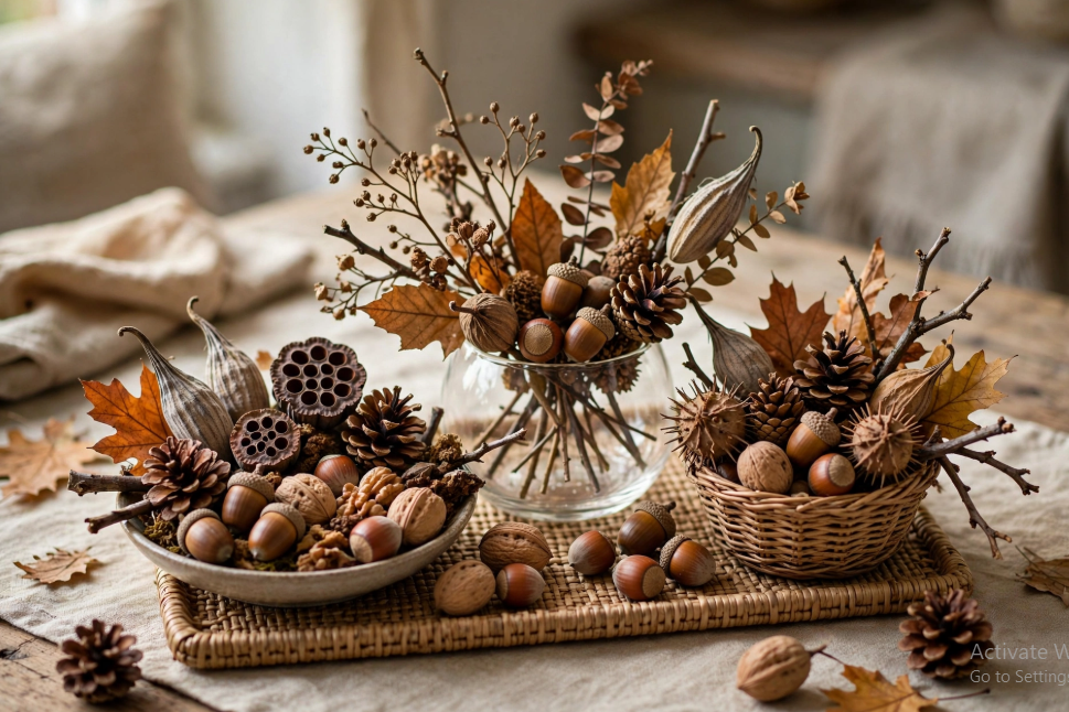 A tabletop autumn display featuring a glass vase with dried branches, bowls filled with pinecones, acorns, and seed pods, showcasing creative fall decor ideas without pumpkins.