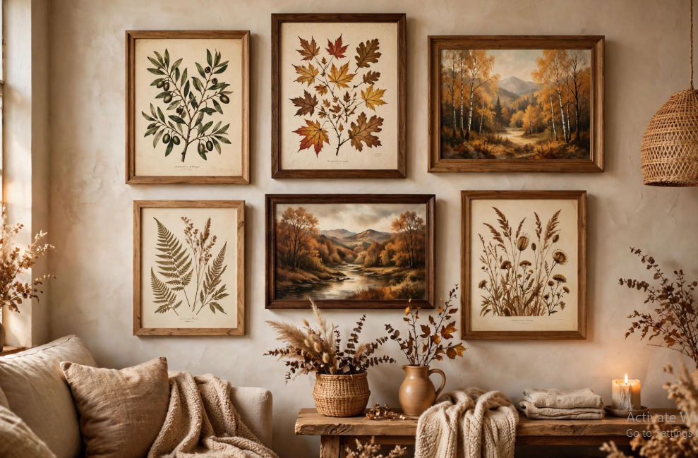 A gallery wall featuring framed vintage botanical sketches and autumn landscape paintings above a rustic console table, highlighting elegant fall decor ideas without pumpkins.
