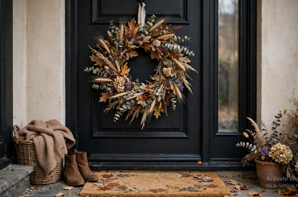 A dark front door decorated with a lush dried autumn wreath, a basket of cozy blankets, and boots, showcasing stunning fall decor ideas without pumpkins.