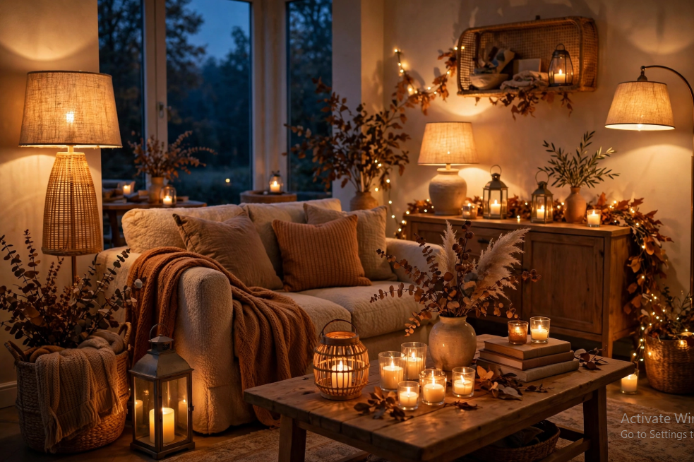 A cozy living room illuminated by soft ambient lighting, lanterns, and candles, showcasing enchanting fall decor ideas without pumpkins for a warm evening atmosphere.