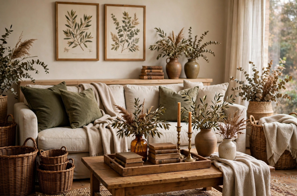 A neutral living room styled with olive green throw pillows, botanical art prints, and ceramic vases filled with branches, showcasing elegant fall decor ideas without pumpkins.