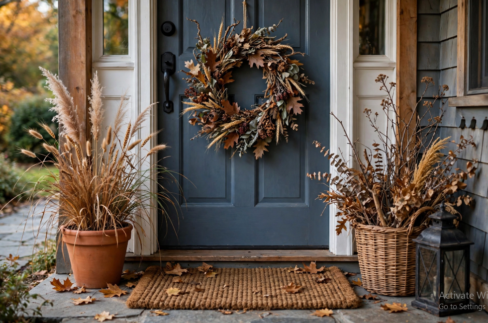 A blue front door styled with a rich autumn foliage wreath, potted pampas grass, and a wicker basket of dried branches, showcasing welcoming fall decor ideas without pumpkins.