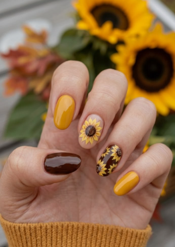 24 Sunflower Nail Ideas for a Bright, Cheerful Manicure sunflower nail ideas featuring a mix of solid mustard yellow and dark brown nails alongside accent nails with delicate sunflower illustrations on a nude base and a brown background.
