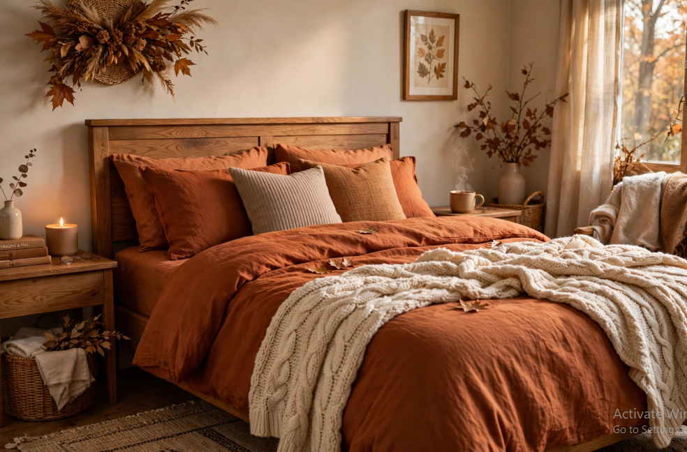 A serene bedroom styled with rust-colored bedding, a chunky cream knit throw blanket, and a dried foliage wall hanging, showcasing cozy fall decor ideas without pumpkins.