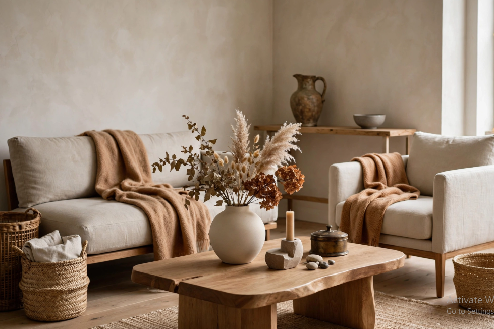 A minimal, neutral living room styled with a wooden coffee table, a ceramic vase of pampas grass, and camel-colored throws, showcasing sophisticated fall decor ideas without pumpkins.