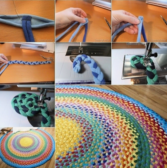 20 DIY Crafts With Old Clothes That Are Easy to Make A step-by-step photo tutorial showing how to braid t-shirt strips and sew them into a vibrant circular rug, highlighting creative DIY crafts with old clothes.
