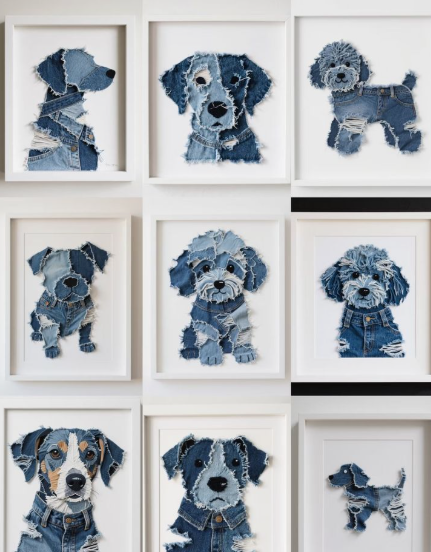 20 DIY Crafts With Old Clothes That Are Easy to Make A gallery wall collage of framed animal portraits meticulously crafted from upcycled blue jeans, showcasing creative DIY crafts with old clothes.