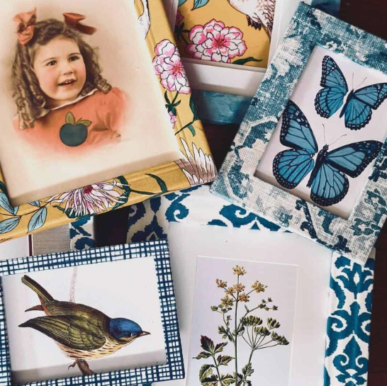 20 DIY Crafts With Old Clothes That Are Easy to Make A collection of picture frames wrapped in colorful upcycled fabrics, floral prints, and patterned textiles, showcasing creative DIY crafts with old clothes for home decor.