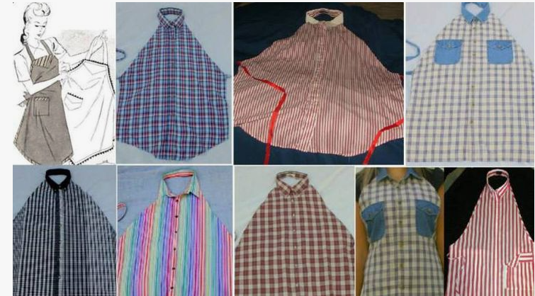 20 DIY Crafts With Old Clothes That Are Easy to Make A multi-panel collage showing how to turn men's button-down shirts into kitchen aprons, showcasing clever DIY crafts with old clothes.