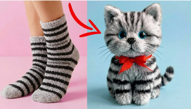 20 DIY Crafts With Old Clothes That Are Easy to Make A before-and-after tutorial image showing how to transform striped fuzzy socks into an adorable plush kitten toy, highlighting creative DIY crafts with old clothes.
