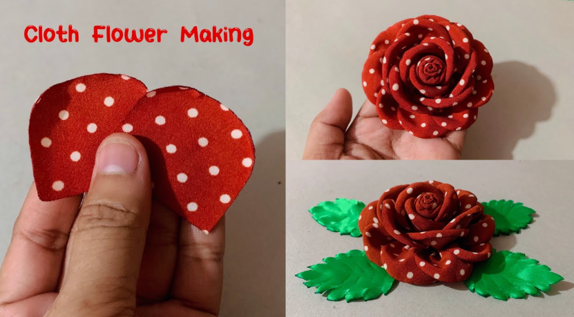 20 DIY Crafts With Old Clothes That Are Easy to Make A step-by-step tutorial collage showing how to cut and shape fabric petals to create a handmade red polka-dot cloth rose, showcasing creative DIY crafts with old clothes.