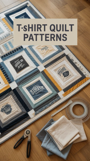 20 DIY Crafts With Old Clothes That Are Easy to Make A handmade patchwork t-shirt quilt laid out on a wooden floor next to folded fabrics and sewing tools, showcasing creative DIY crafts with old clothes.