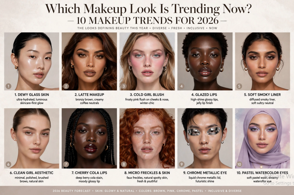 Close-up of a model showcasing the answer to which makeup look is trending now, featuring an ultra-hydrated, luminous dewy glass skin complexion.