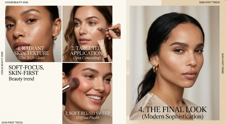 A multi-step beauty guide demonstrating which makeup look is trending now—the soft-focus, skin-first trend featuring radiant skin texture, targeted spot concealing, a soft blush sweep, and the final modern sophisticated look.