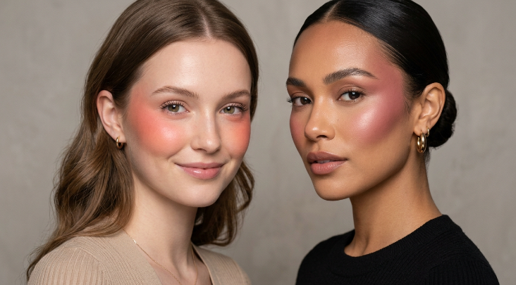 Two models demonstrating which makeup look is trending now, featuring the vibrant cold girl blush look with rosy pink flushes across the cheeks and nose.