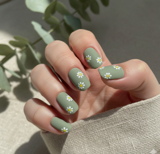 24 Sunflower Nail Ideas for a Bright, Cheerful Manicure sunflower nail ideas featuring short, rounded square nails with a matte sage green base, decorated with small, hand-painted white daisy flowers with yellow centers.