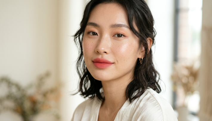Portrait of a model highlighting which makeup look is trending now, showcasing the dewy glass skin aesthetic with a fresh, luminous complexion and soft coral lip tint.