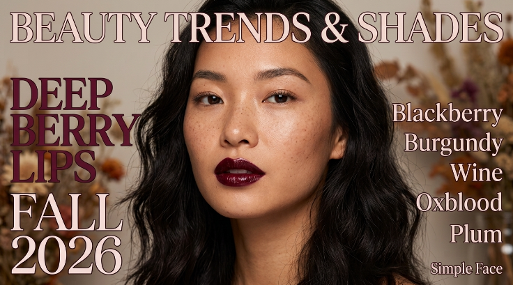 Answering which makeup look is trending now for fall, featuring deep berry lips in rich blackberry, burgundy, wine, and oxblood shades paired with natural skin.