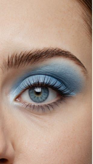 Close-up of an eye showcasing which makeup look is trending now, featuring a dreamy pastel watercolor eyeshadow wash in soft blue tones.