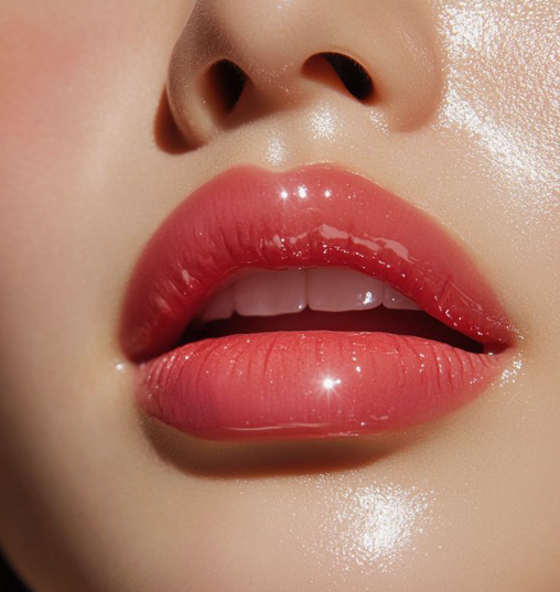 Close-up of glossy lips showcasing which makeup look is trending now, featuring the high-shine glazed lips trend with a jelly finish.