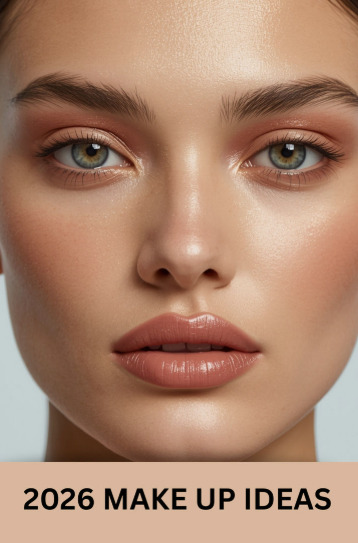 Close-up of a model showcasing which makeup look is trending now with the warm latte makeup style featuring bronzy brown tones, creamy neutrals, and glossy lips.