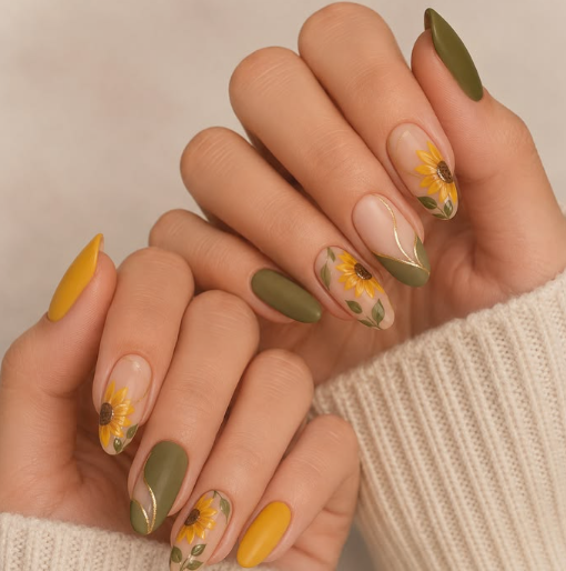 24 Sunflower Nail Ideas for a Bright, Cheerful Manicure sunflower nail ideas featuring almond-shaped nails with a mix of solid olive green and mustard yellow polish, paired with nude base accent nails featuring hand-painted yellow sunflowers, green leaves, and delicate gold linear nail art details.