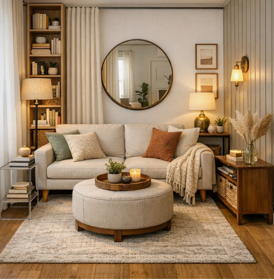"Cozy home decor ideas for a small apartment featuring a warm living room with a neutral sofa, large round wall mirror, round upholstered ottoman, and a tall bookcase."