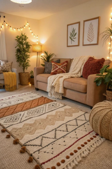 "Cozy home decor ideas for a small apartment featuring a warm living room with a patterned boho rug, beige sofa with textured pillows and throws, and string lights."