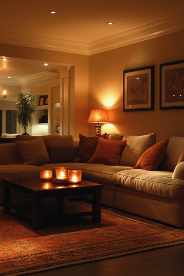 "Cozy home decor ideas for a small apartment featuring a warmly lit living room at night with a plush sofa, lit candles on a dark coffee table, and framed art."